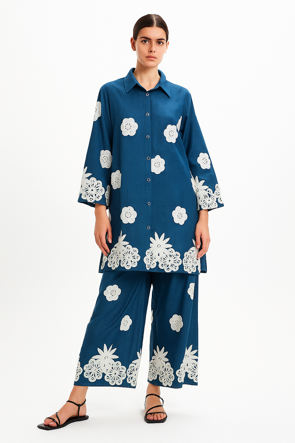 Blue Floral Embroidered Co-Ord Set
