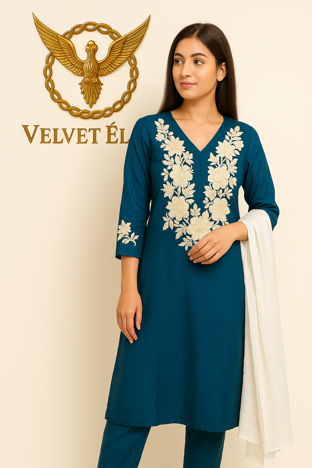Teal Blue Floral Embroidered Kurta Set with Dupatta