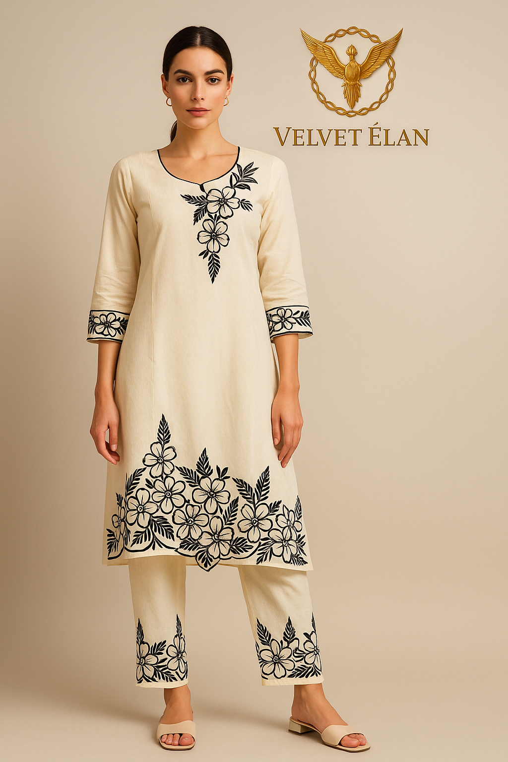 Cream Floral Embroidered Kurta Set