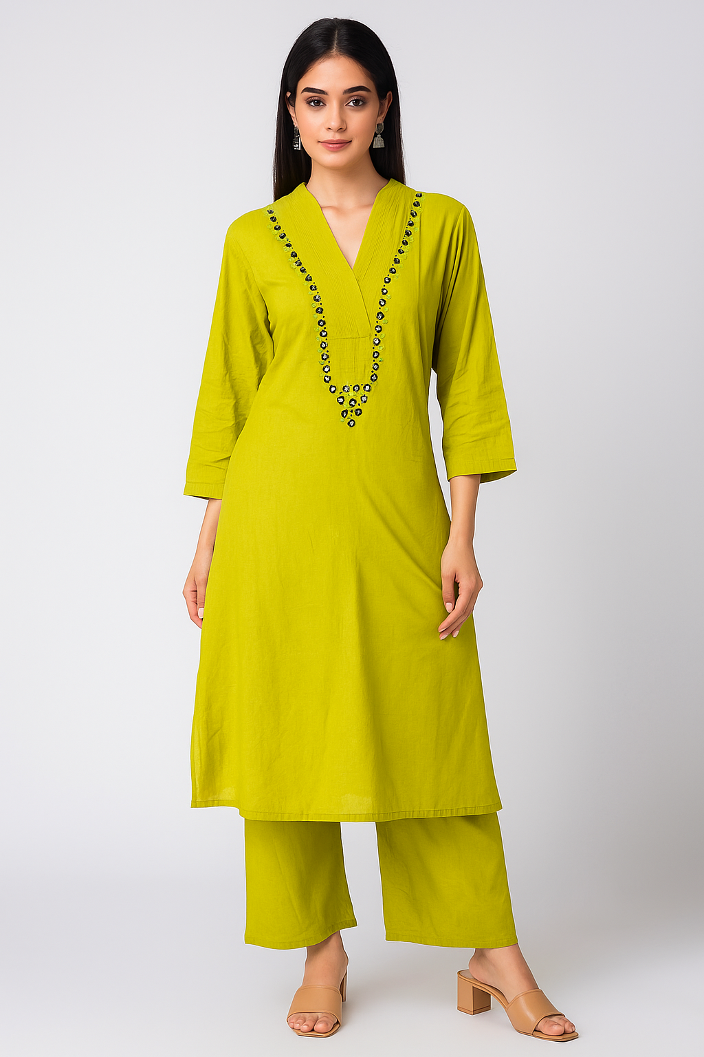 Noor Olive Mirror-Embroidered Cotton Kurta Set